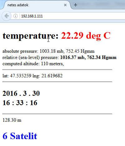 7. ábra WEB-es felület Mindkét egység alkalmas a levegő hőmérsékletének, páratartalmának és nyomásának mérésére. Ezt a BME280 típusú szenzor (1/a ábra) [2] segítségével méri.