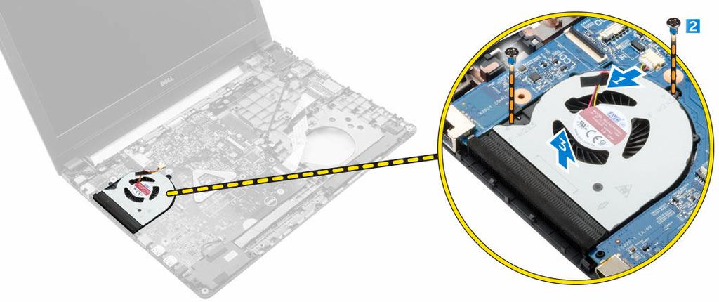 e. akkumulátor 5. Kövesse a Miután befejezte a munkát a számítógép belsejében című fejezet utasításait. A rendszerventilátor eltávolítása 1.