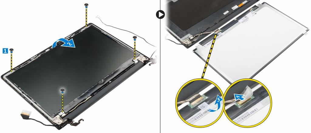 A kijelzőpanel beszerelése 1. Csatlakoztassa az LVDS kábelt a kijelzőpanelen lévő csatlakozóra. 2. Ragassza fel a LVDS kábelét rögzítő szalagot. 3.