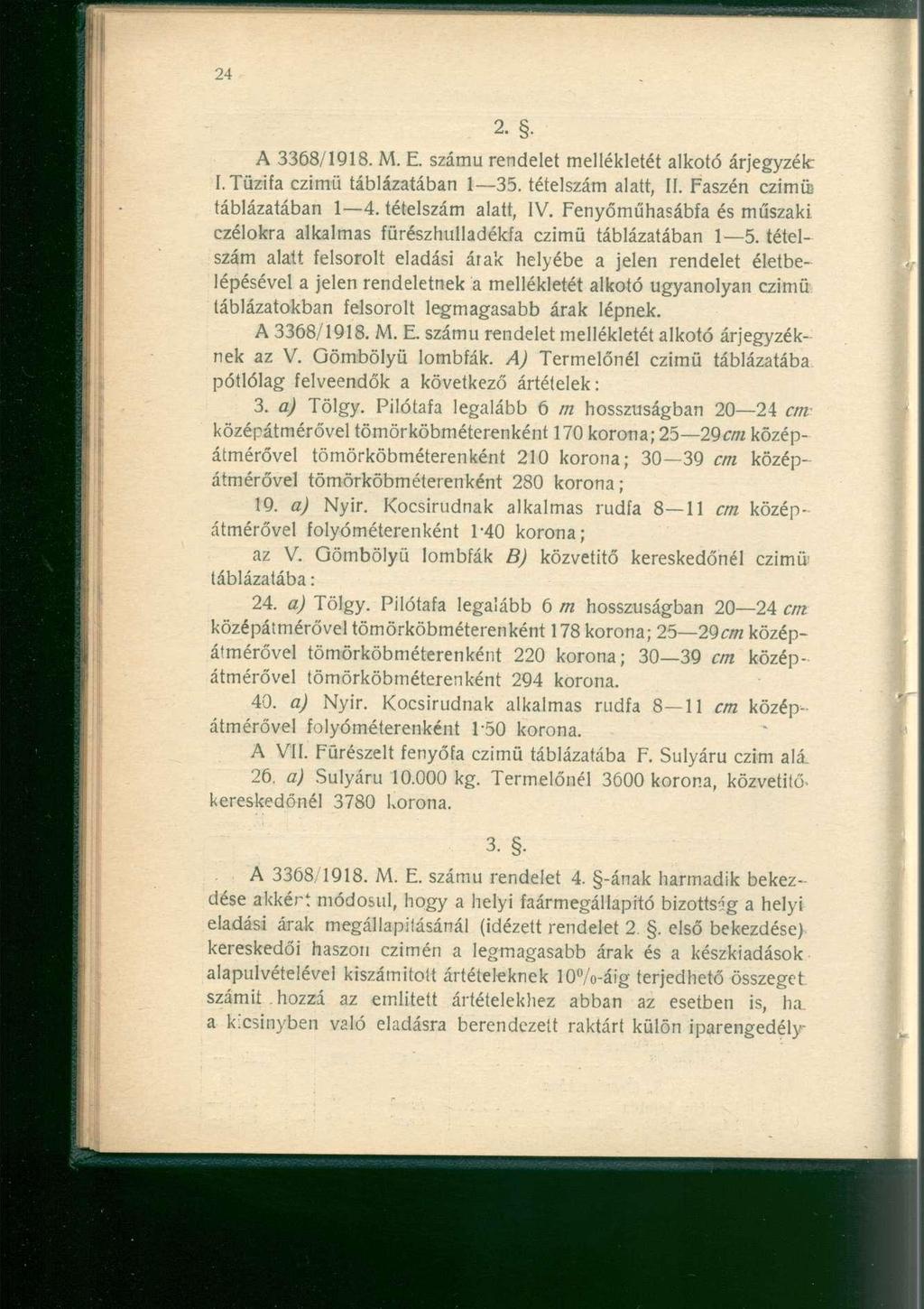 A 3368/1918. M. E. számú rendelet mellékletét alkotó árjegyzék: I. Tűzifa czimü táblázatában 1 35. tételszám alatt, II. Faszén czimüj táblázatában 1 4. tételszám alatt, IV.