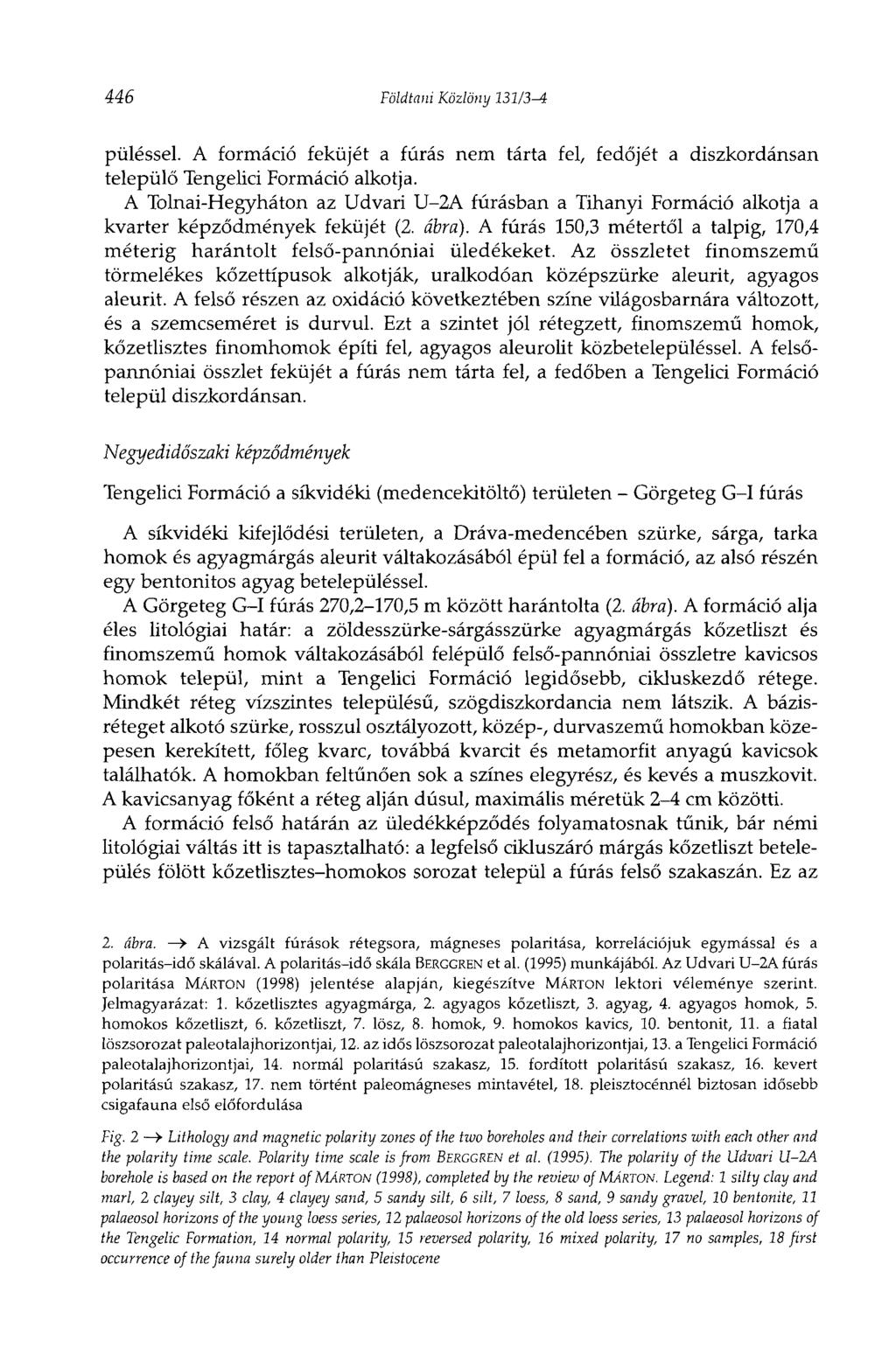 446 Földtani Közlöny 131/3-4 püléssel. A formáció feküjét a fúrás nem tárta fel, fedőjét a diszkordánsan települő Tengelici Formáció alkotja.