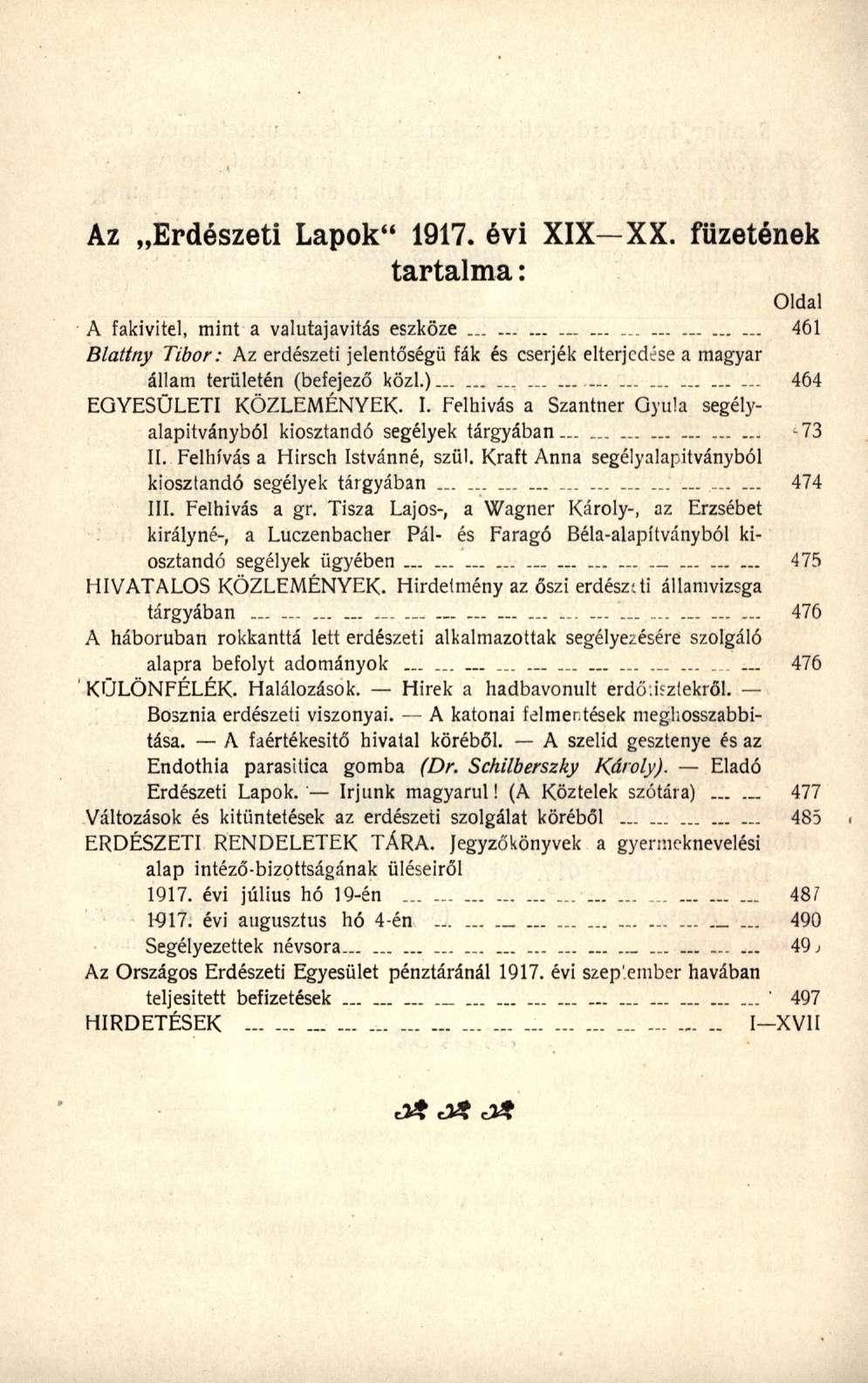 Az Erdészeti Lapok" 1917. évi XIX-XX. füzetének tartalma: Oldal A fakivitel, mint a valutajavitás eszköze.