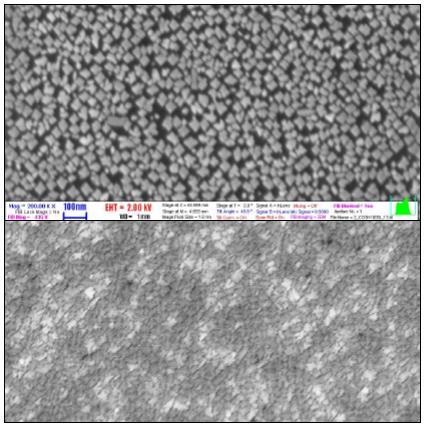 45. ábra: Felülnézeti SEM képek SiC nanokristályokkal borított Si felületről. A minták a fenti képen 3 óráig, a lentin 6 óráig 1100 C hőmérsékleten voltak kezelve 100% CO-ban.