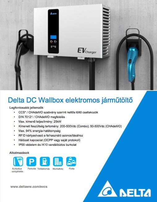 Delta DC Wallbox töltőállomás DC villámtöltő 25 kw / 3x62 A Egy vagy két töltőkábellel Beépített RFID