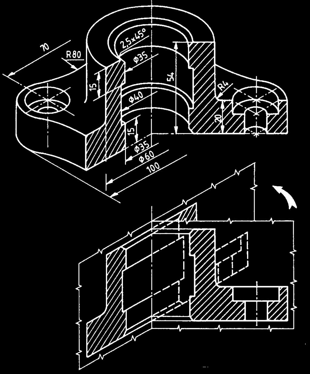 6. Metszeti ábrázolás 6.2.3. A befordított metszet A befordított metszet két egymással szöget bezáró metszősíkkal képzett részmetszetből összetett metszet. A 116. ábrán szemléltető képével és a 117.