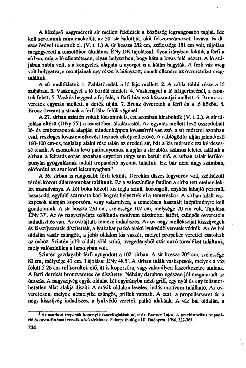 A középső nagyméretű sír mellett feküdtek a közösség legrangosabb tagjai. Ide kell sorolnunk mindenekelőtt az 50. sír halottját, akit felszerszámozott lovával és díszes övével temettek el. (V. 1.