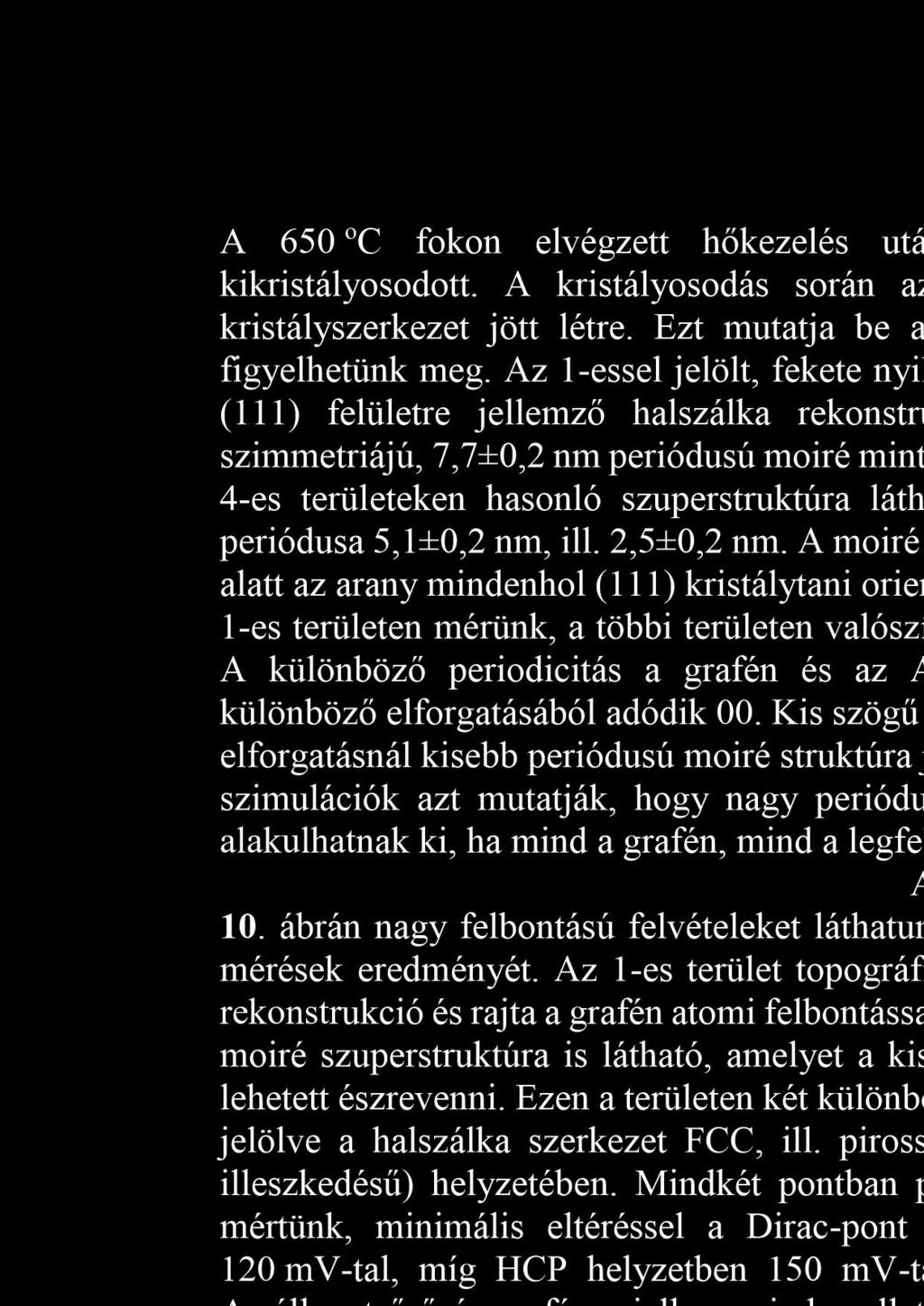 A 650 oc fokon elvégzett hőkezelés után minden grafénnal fedett arany felület kikristályosodott. A kristályosodás során azonban több különböző grafén/arany hibrid kristályszerkezet jött létre.