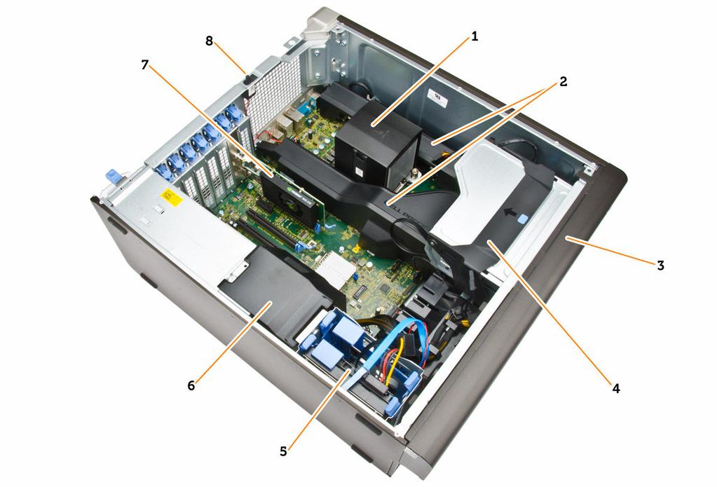 2. ábra. A T5810 számítógép belső nézete 1. hűtőborda az integrált ventilátorral 2. memória burkolatok 3. elülső előlap 4.