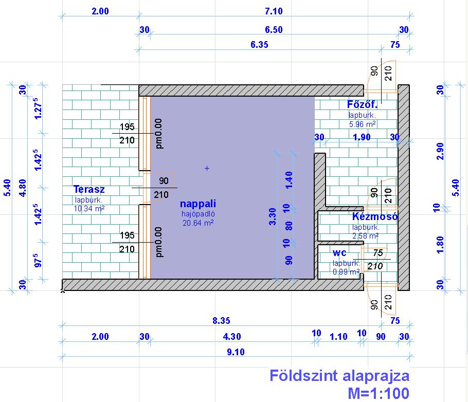 Végül írjuk fel a rajz alá, hogy Földszint alaprajza, és a rajz léptékét, ill. a többi feliratot, ami szükséges egy rajzhoz (terv megnevezés, dátum, stb.).