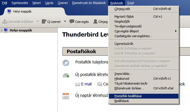 Mozilla Thunderbird beállítása Az ablak tetején található Eszközök lenyíló menüből válassza a Postafiók beállításai menüpontot.