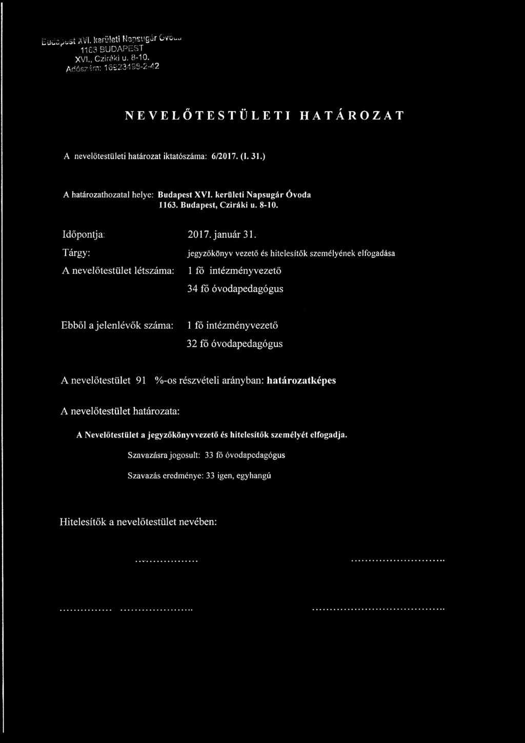 Budapest, Cziráki u. 8-10. Időpontja Tárgy: A nevelőtestület létszáma: 2017. január 31.