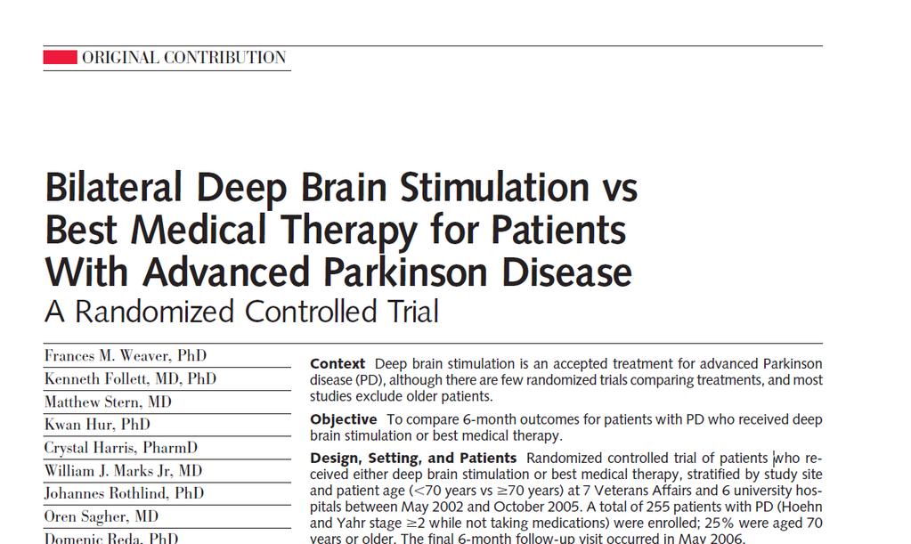 MRCT Parkinson-kórban Primary outcome: QoL (-9.5 vs. 0.2) Motor score (-19.6 vs. 0.4) Secondary: dyskinesia (-3.4 vs. 0.4) ADL (4 vs -3) UPDRS-II (-1.5 vs. 1.