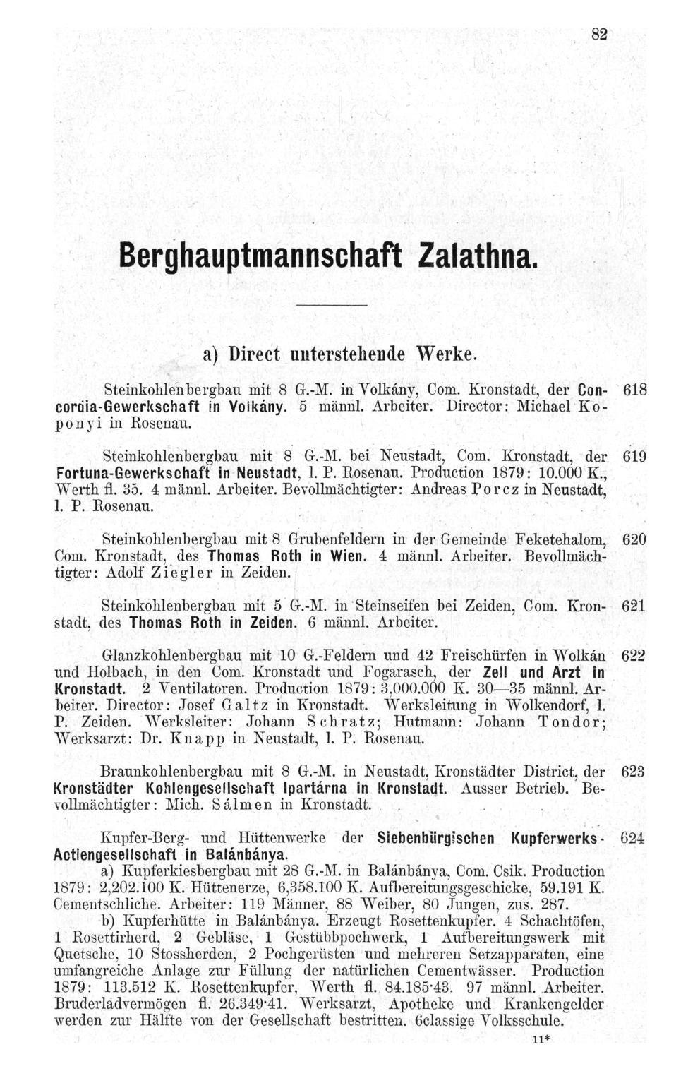 Berghauptmannschaft Zalathna. a) Birect unterstehende Werke. Steinkohlenbergbau mit 8 G.-M. in Volkány, Com. Kronstadt, der Con- 618 coröia-gewerkschaft in Voikány. 5 männl. Arbeiter.