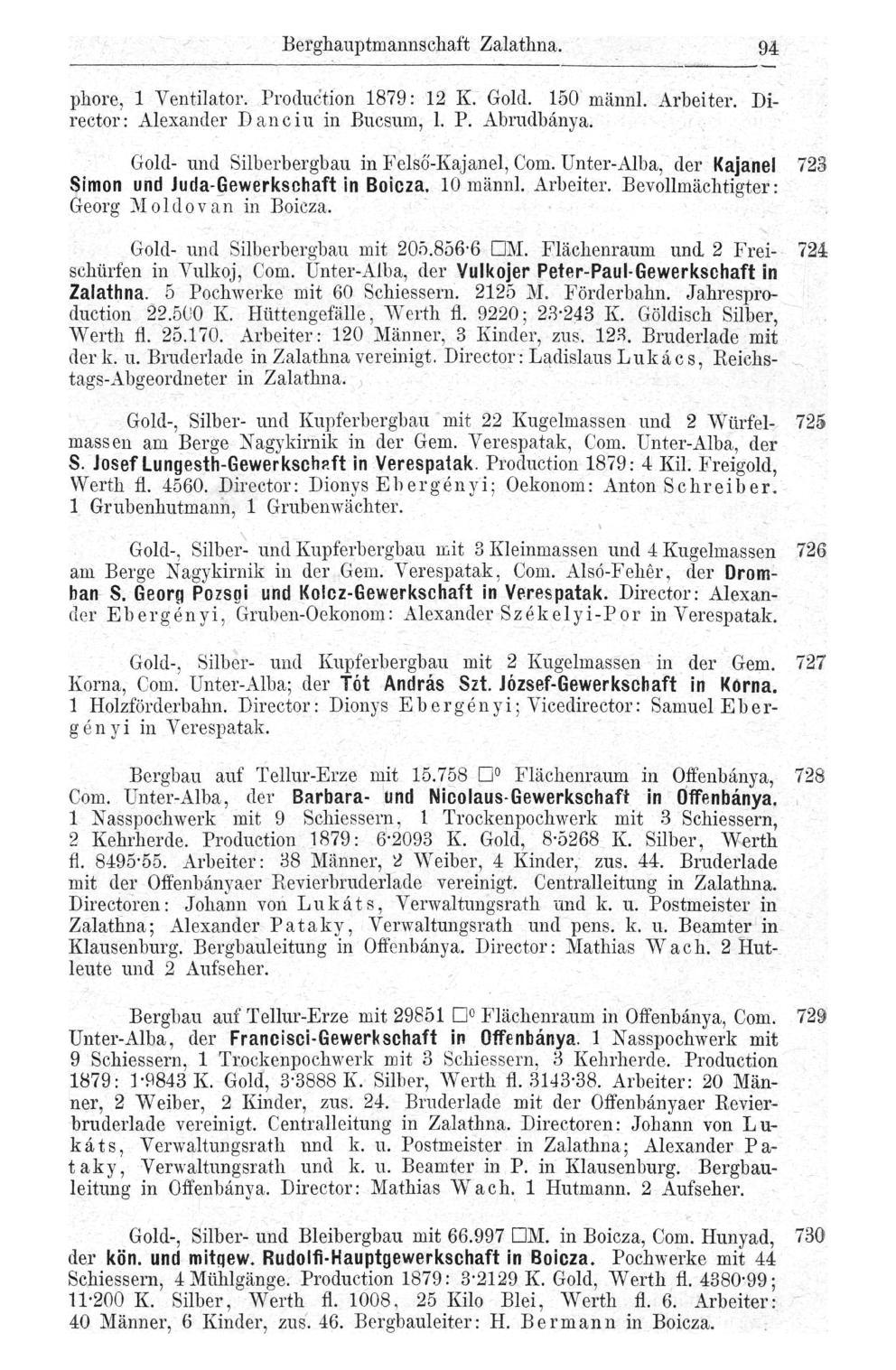 Berghauptmannschaft Zalathna. 94 phore, 1 Ventilator. Production 1879: 12 K. Gold. 150 männl. Arbeiter. Director: Alexander Danciu in Bucsum, 1. P. Abrudbánya.