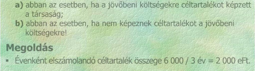 600 + 600 (6 * 50) - 900 = - 600 Szállodai tevékenységet folytató társaságnál 3 évente (legközelebb 2016-ban) esedékes a szobák felújításnak nem minősülő festése, burkolatainak cseréje.