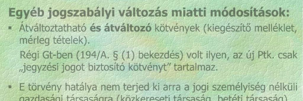 Egyéb jogszabályi változás miatti módosítások: Átváltoztatható és átváltozó kötvények (kiegészítő melléklet, mérleg tételek). Régi Gt-ben (194/A.