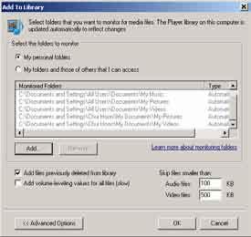 Alapértelmezés szerint a WMP11 automatikusan betölti a számítógépen tárolt összes zene- és képfájlt. Ha új fájlokat ad hozzá a mappához, azok is automatikusan hozzáadódnak a WMP11 műsortárhoz.