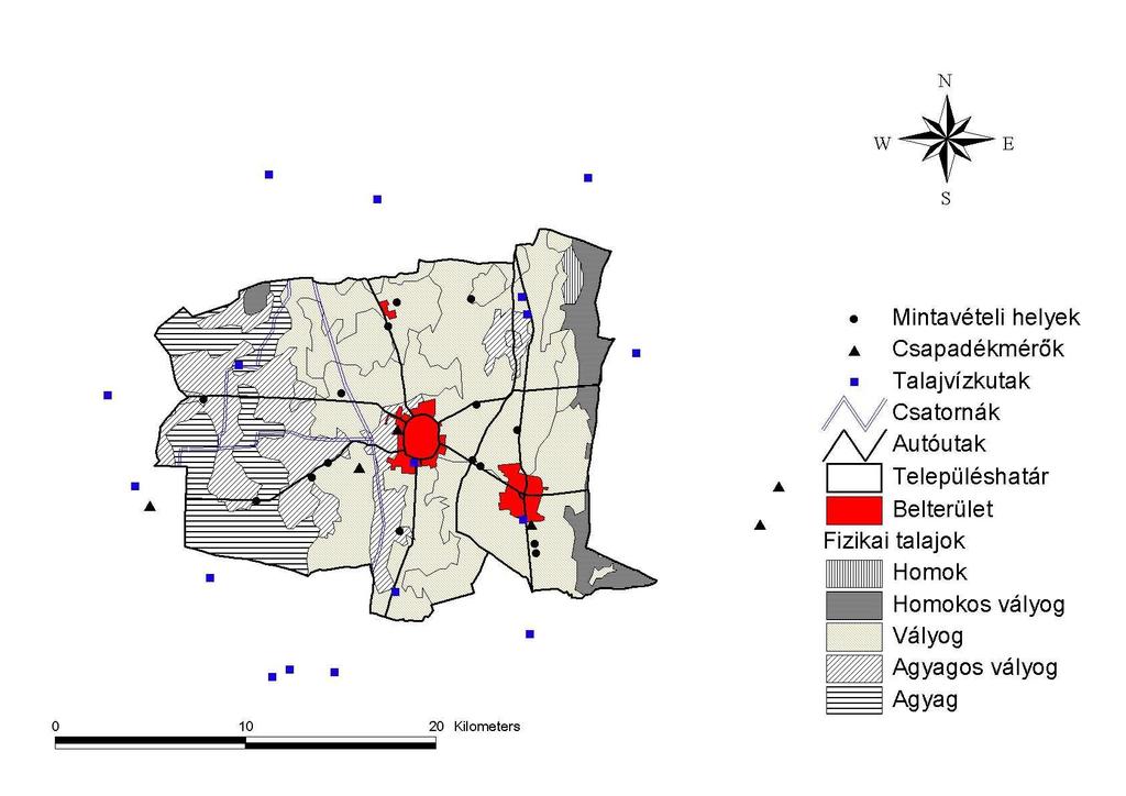 1. ábra A mintavétel helyei (Köhn-pipettával), valamint meghatároztuk a humusztartalmat (Tyurin-féle eljárással) és a mésztartalmat (Scheibler-féle kalciméterrel) is.