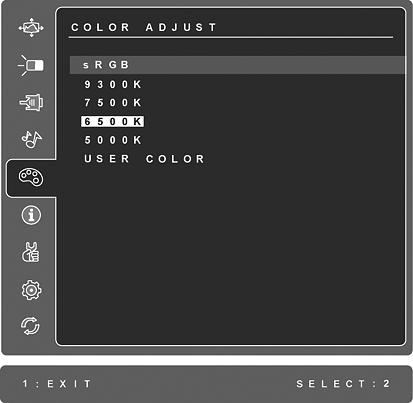 Vezérlés Magyarázat Color Adjust (Színbeállítás) több színbeállítási módot nyújt: előbeállított színhőmérsékleteket és User Color (Felhasználói színek)-t, melyek lehetővé teszik a piros (R), zöld