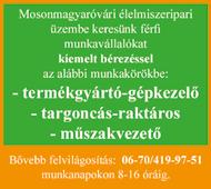 : 06-30-277-0930 Targoncást és betanított férfimunkaerőt keresünk mosonmagyaróvári munkahelyre, egyműszakos munkarendbe. Érd.: 06-20-535-0440 BIXI-TRANS KFT.