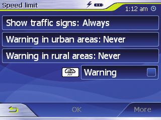 Térkép megjelenítése célravezetés alatt A Speed limit (Sebességkorlátozás) menüben beállíthatja, hogy a Navigation (Navigáció) során a sebességhatár megjelenjenek-e és hogy a sebességhatár túllépése