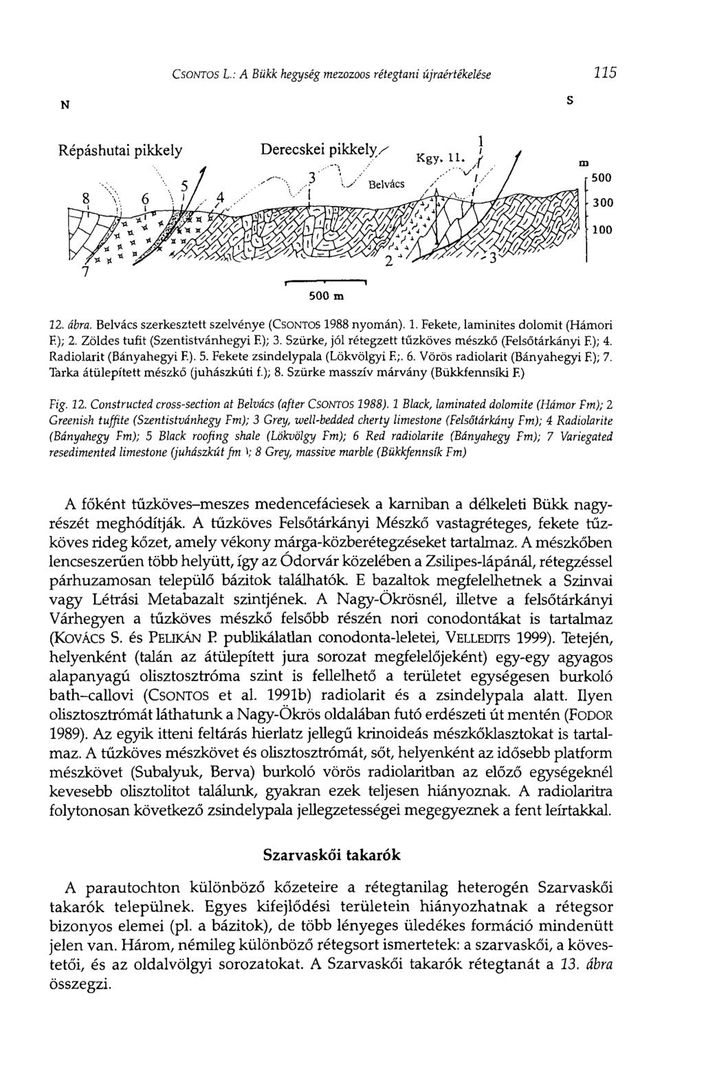 CSONTOS L.: A Bükk hegység mezozoos rétegtani újraértékelése 115 12. ábra. Belvács szerkesztett szelvénye (CSONTOS 1988 nyomán). 1. Fekete, laminites dolomit (Hámori F.); 2.