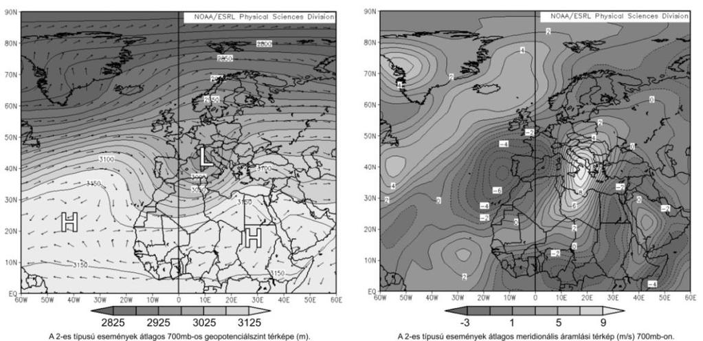 A PORVIHAROS ESEMÉNYEK SZINOPTIKUS METEOROLÓGIAI HÁTTERE, A PORSZÁLLÍTÁS ÚTVONALA ÉS A LEHETSÉGES FORRÁSTERÜLTEK Az azonosított porviharos eseményekhez hozzárendelt geopotenciál szint (700 mb),