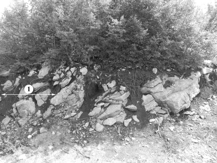 grike broadening downwards, 4. interior grike, 5. detached section of bedrock 5. kép: Oldási maradékkal kitöltött hasadékkarrok Jelmagyarázat: 1.