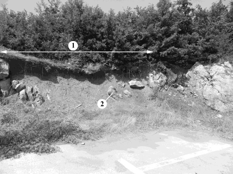 6. kép: Oldódási maradékkal kitöltött mély hasadék: a kitöltés tömbjei a válaszfalak pusztulásával képződtek (Dinári-hegység, Bosznia); Jelmagyarázat: 1. széles hasadék, 2.