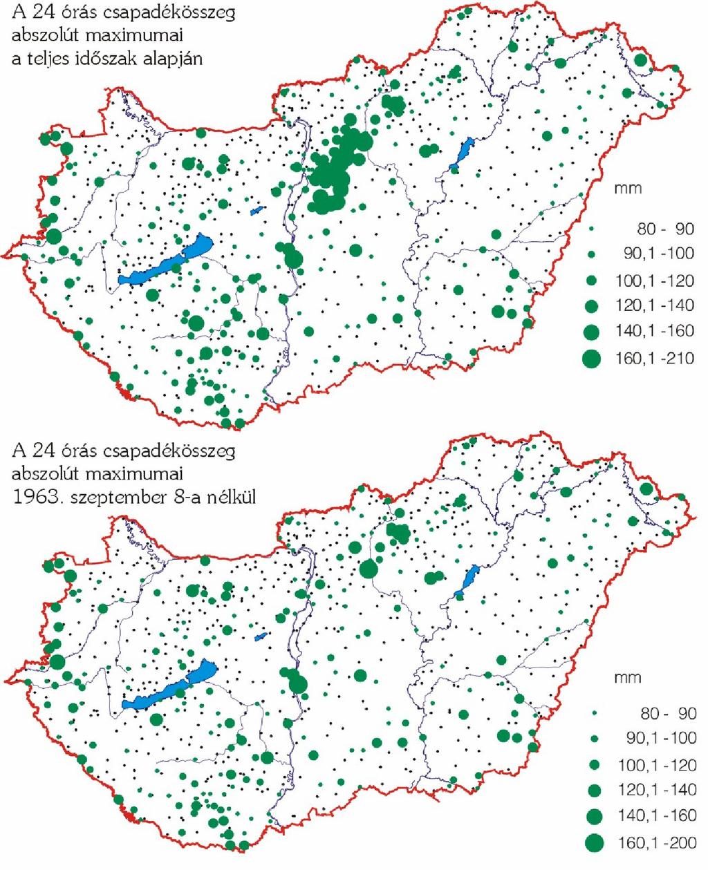 24 ÓRA ALATT LEHULLOTT CSAPADÉKOK MAXIMUMAI (1961-1990) A 80 mm fölötti csapadékok jelennek meg a térképen A maximális csapadékok területi eloszlása, s a domborzat kapcsolata nem kivehetı 1963.