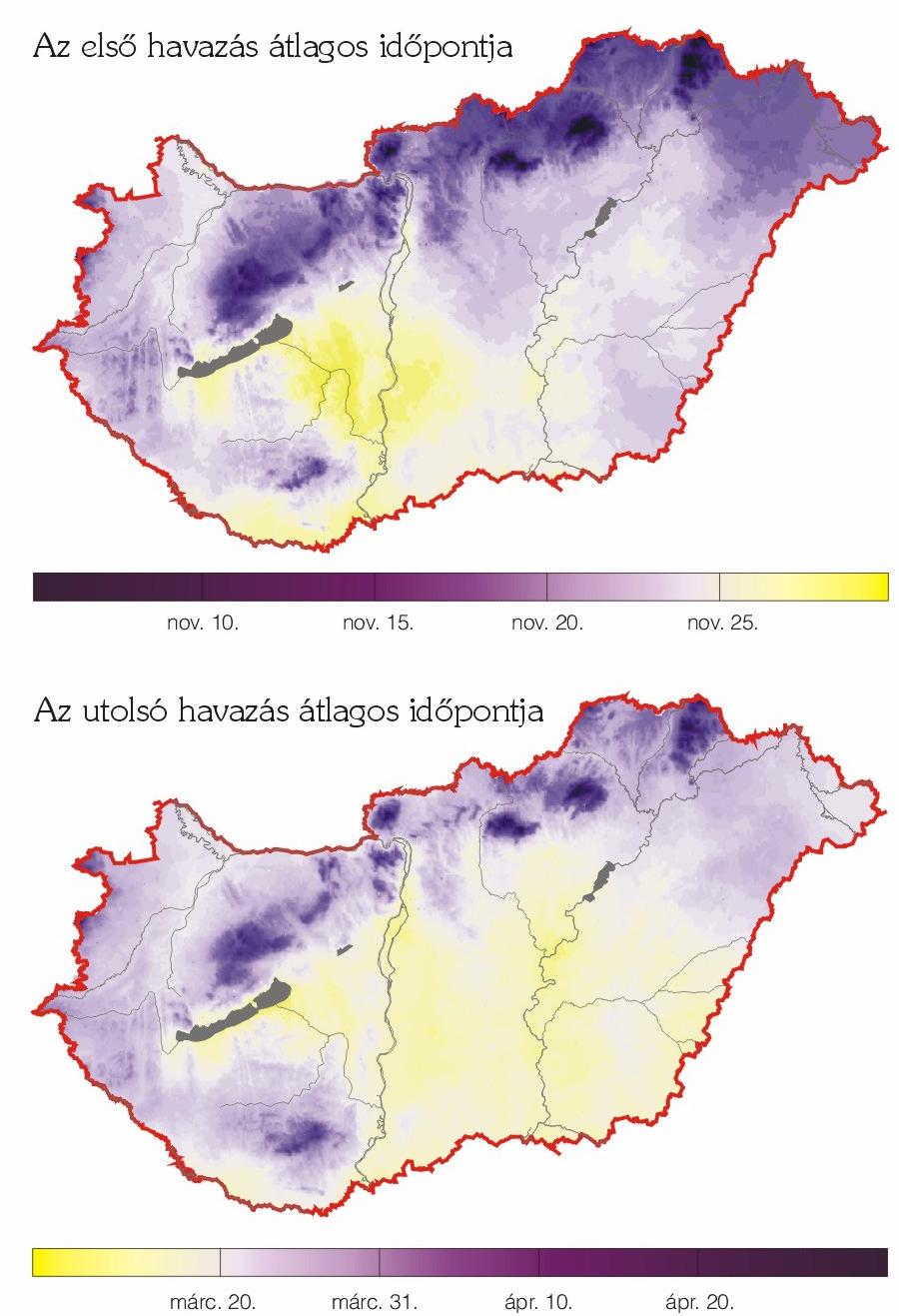 A havazás éghajlati jellemzıi Az elsı havazás dátuma: egyenletes, kis különbségek az országban A síkvidékeken november 20. és 30.