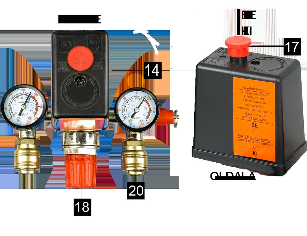 levegőhöz Ki-Be kapcsoló Levegőszabályozó Biztonsági szelep Gyorscsatlakozó hüvely 2 db Szállító fogantyú 230 V-os kábel és villásdugó Levegőszűrő betét Gumi támasztó bak Légtelenítő csavar Hengerfej