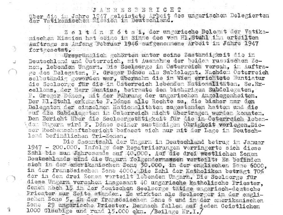 4. Részlet Kótai Zoltán 1947-es Vatikánba küldött jelentéséből (Müncheni Magyar Katolikus Misszió Irattára.