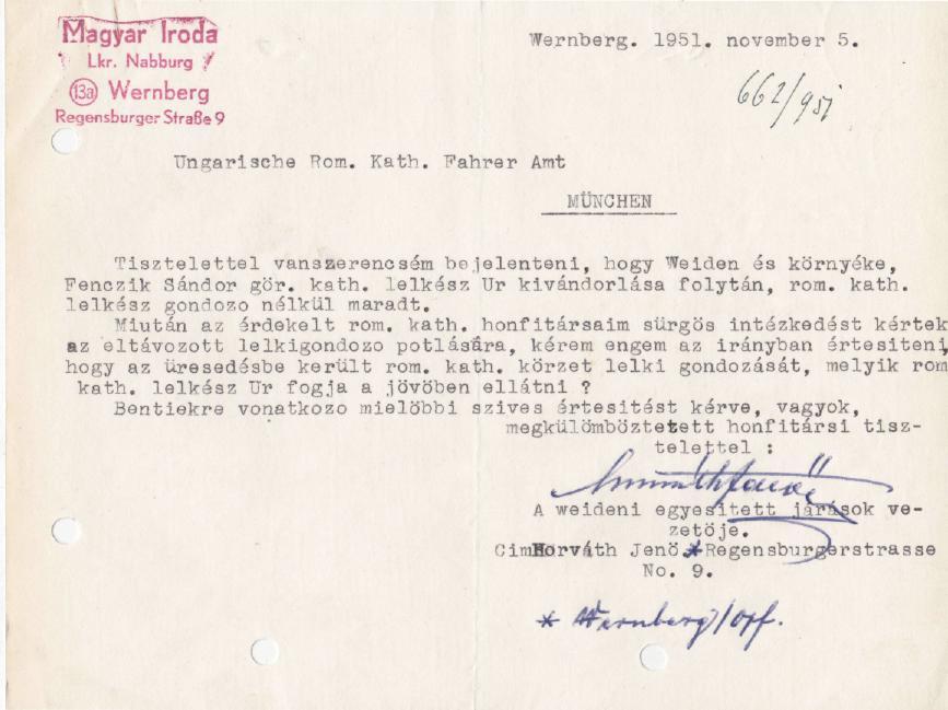 7. A Weiden környéki magyarok levele a pasztoráció változásáról (Müncheni Magyar Katolikus