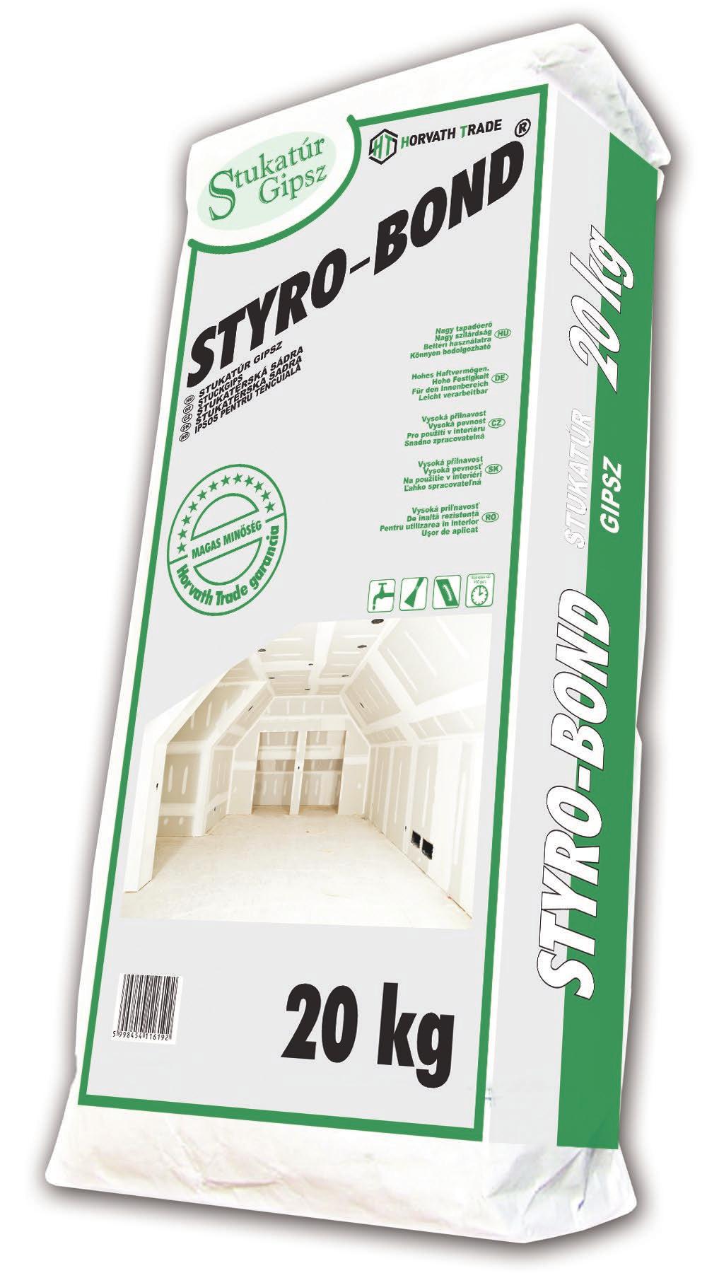 STYRO-BOND STUKATÚR GIPSZ Különböző hidrátfokozatú kálcium-szulfát keverék, adalékokkal. Beltéri építőipari és festőmunkák segédanyagaként, valamint nádfonatok és ún.
