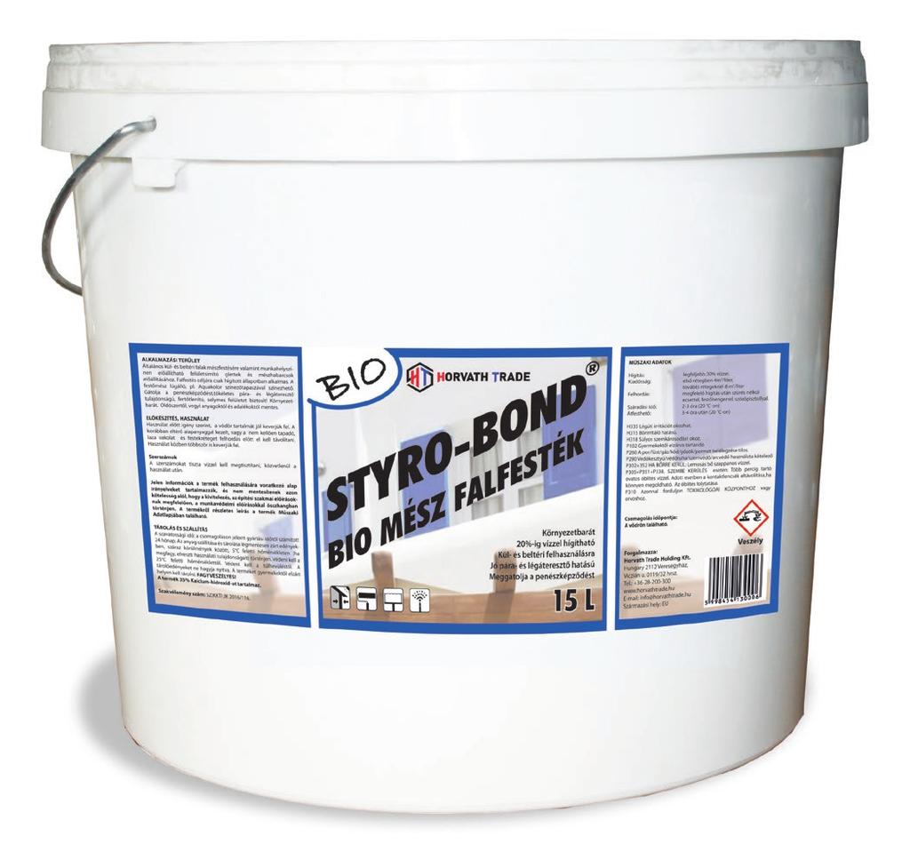 STYRO-BOND BIO MÉSZ FALFESTÉK A STYRO-BOND BIO Mészfesték, kalcium-dihidroxid vizes szuszpenziója, oltott mikromész alapú festőmész, amely teljes mértékben környezetbarát.