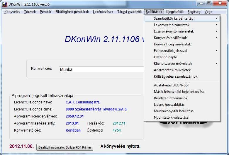 10. Beállítások A menü egyes funkciói: számlatükör karbantartás: ahogy korábban részletesen leírtuk, a központi ill.