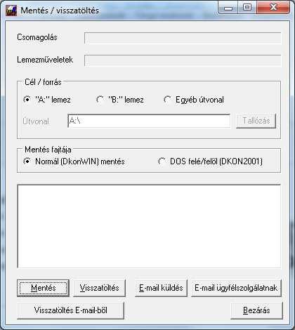 10.1 Adatmentési műveletek A menüpontba lépve megjelenik az adatok mentésére, visszatöltésére és e-mailben küldésére használható ablak: Amit a mentésekről fontos tudni: a program minden esetben csak