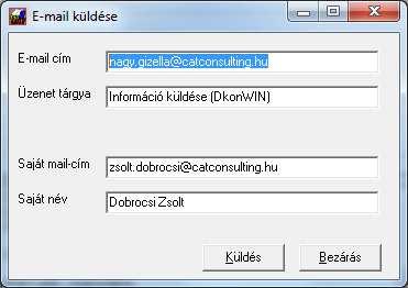 10.1.1 Adatok küldése e-mailben A program lehetőséget ad arra, hogy adatait e-mailben elküldje, hogy ott azok visszatölthetőek legyenek.