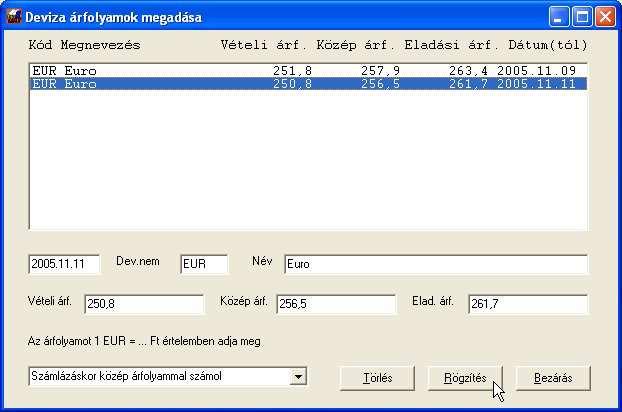 7.1 Deviza árfolyamok megadása DkonWIN kettős könyvelő program 2016 Mivel a deviza pénztárak kezeléséhez elengedhetetlen az árfolyamok megadása, ebben a menüben került elhelyezésre ez a lehetőség.