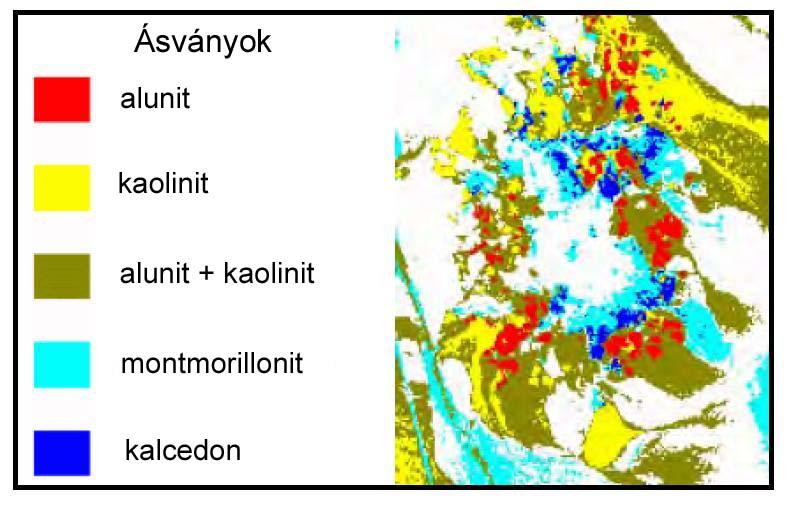 15. ábra. Ásványi anyag térkép a spektrális adatbázissal való összehasonlítás módszerével. Fehérrel szerepelnek azok a területek, melyekhez nem sikerült illeszkedő mintát találni.