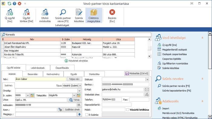 ADATTÁRAK FELTÖLTÉSE Ügyféltörzs feltöltése jelölése után a partner által megadtt e-mail címet írja be, amelyre az elektrnikus számlák érkezni fgnak, majd a Módsítás gmbbal rögzítse.