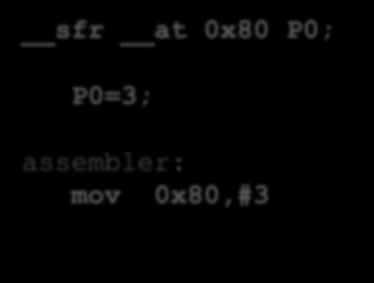 SFR sfr at 0x80 P0; P0=3; assembler: mov 0x80,#3 SFR16