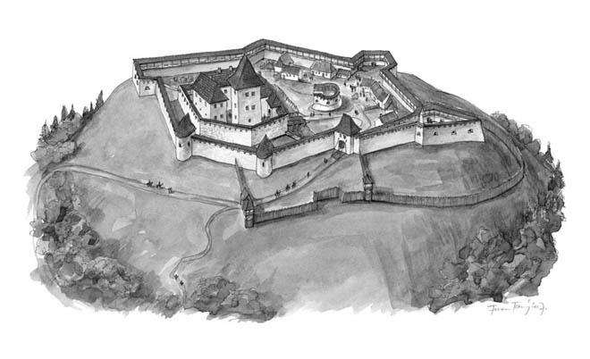 Rekonstruktionszeichnung der Burg Naurad/Nógrád (16.
