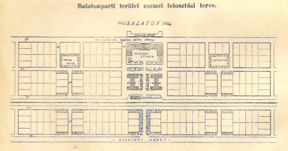 Tóth Kálmán: Balatonparti terület eszmei felosztási terve, 1935 településszerkezet ortogonális rács: a fürdőtelepek nem egy központ körül, hanem egy vonal mentén, cél a part minél egyszerűbb elérése