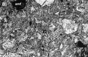 A) Photomigrograph of a tubular pumice clast. B) Photomicrograph of andesitic lapilli tuff.