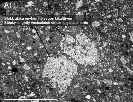 A) Enyhén hólyagos bázisos összetételű vulkáni kőzetüvegszemcsék kevés mikrolittal. B) Enyhén hólyagos bázisos összetételű vulkáni kőzetüveg szemcse jelentősebb mikrolit tartalommal Figure 9.
