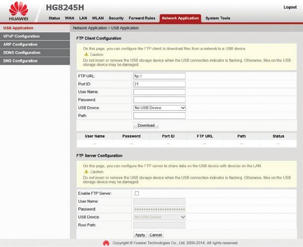 6.10 Hálózati alkalmazások 6.10.1 USB alkalmazás A Network Application -> USB application lapon lehet használatba venni a digitális elosztó (ONT) FTP kliens és FTP szerver funkcióját.