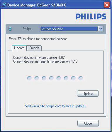 14 Firmware frissítése a Philips Device Manager segítségével 3 Csatlakoztassa a TAP4.3 készüléket a számítógéphez. Ha a készülék csatlakoztatva van, a szövegdobozban megjelenik az SA4TP4XX felirat.