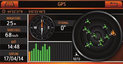 2.5 GPS OLDAL A térképen érintsen meg egy pontot a képernyő aktiválásához, majd érintse meg a GPS állapotmezőt. A GPS oldal az Utazás áttekintése oldalról és a teljes információ oldalról is elérhető.
